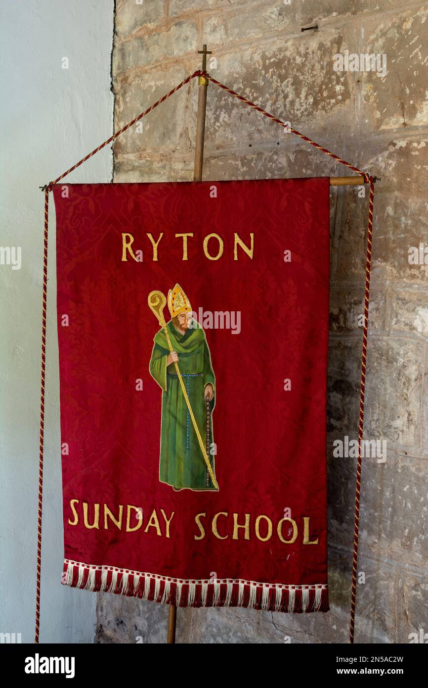 Sunday School banner, St. Leonard`s Church, RytononDunsmore, Warwickshire, England, UK Stock